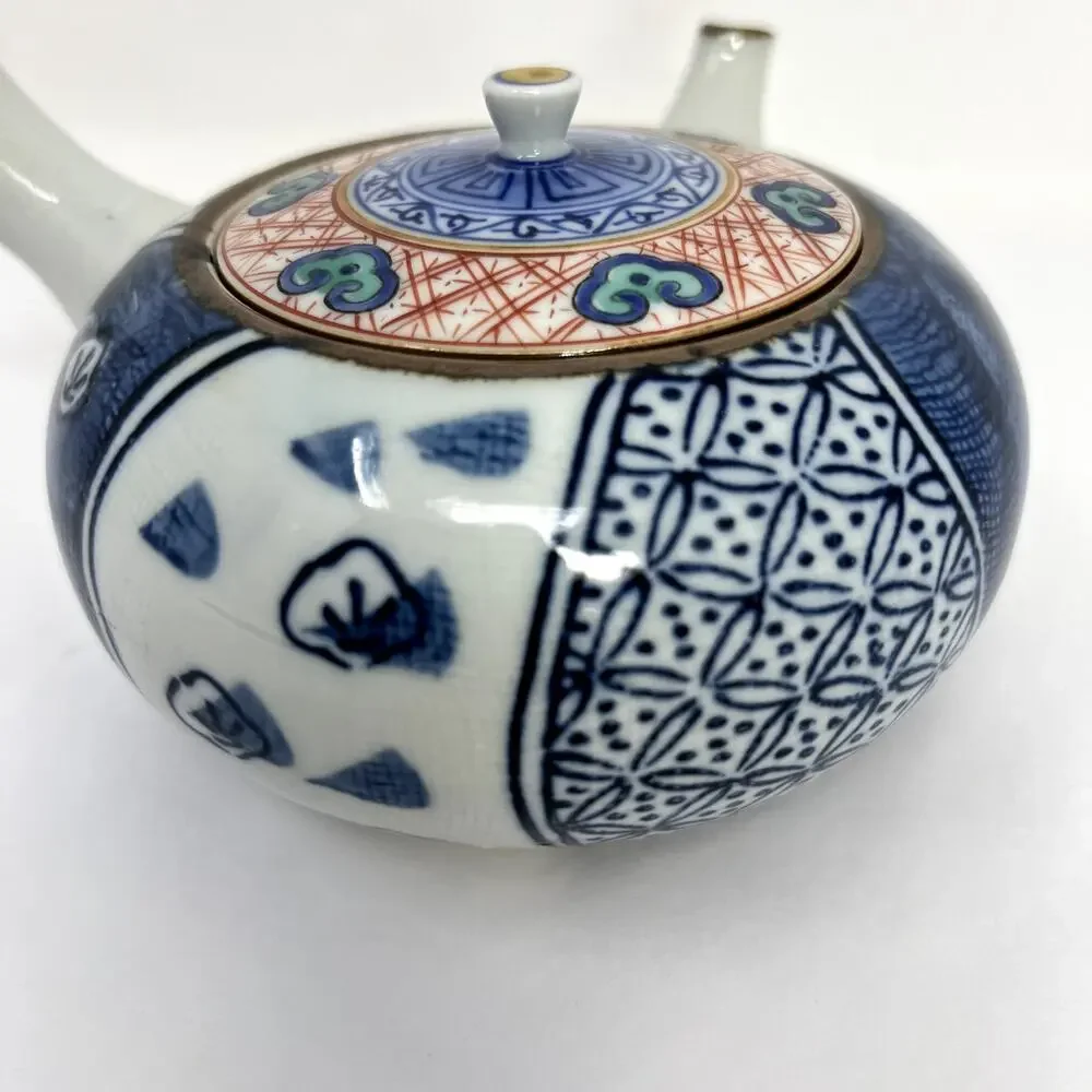 Japanese Blue White Kyusu Single Handle Teapot Geometric Art Asian Elegant Rare